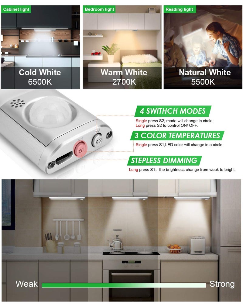 goodland Under Cabinet Lighting 80 LED Closet Light, Motion Sensor Lights Indoor USB Rechargeable Dimmable Stick-on Night Light Bar for Kitchen, Wardrobe, Garage, Stairs, Bedroom (1 Pack) - Image 3